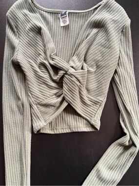 Windsor Sage Green Ribbed Twist-Front Long-Sleeve Crop Top